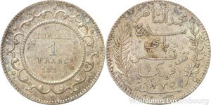 R8840 Tunisia 1 Franc Muhammad al-Hadi Bey AH 1335 1916 A Paris Silver AU >Offer