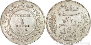 R8842 Tunisia 1 Franc Muhammad al-Hadi Bey AH 1335 1917 A Paris Silver AU >Offer