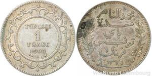 R8843 Tunisia 1 Franc Muhammad al-Hadi Bey AH 1326 1908 A Paris Silver >M Offer