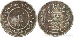 R8844 Tunisia 1 Franc Muhammad al-Hadi Bey AH 1334 1915 A Paris Silver >M Offer