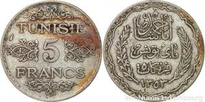 R8846 Tunisia 5 Francs Ahmad Pasha Bey AH 1353 1935 A Paris Silver -> Make offer