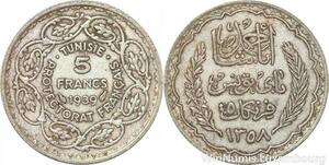 R8847 Tunisia 5 Francs Ahmad Pasha Bey AH 1358 1939 A Paris Silver -> Make offer