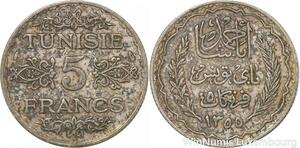 R8848 Tunisia 5 Francs Ahmad Pasha Bey AH 1355 1936 A Paris Silver -> Make offer