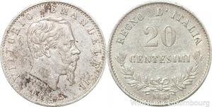 R8850 Italy 20 Centesimi Vittorio Emanuele II 1863 M BN Milan Silver -> M offer