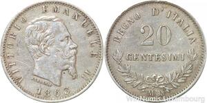 R8852 Italy 20 Centesimi Vittorio Emanuele II 1863 M BN Milan Silver -> M offer
