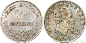 R8853 Italy 20 Centesimi Vittorio Emanuele II 1863 M BN Milan Silver AU >Offer