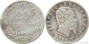 R8854 Italy 20 Centesimi Vittorio Emanuele II 1863 T BN Napoli Silver >M Offer