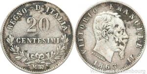 R8855 Italy 20 Centesimi Vittorio Emanuele II 1863 M BN Milan Silver -> M offer