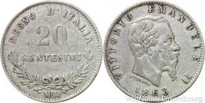 R8856 Italy 20 Centesimi Vittorio Emanuele II 1863 M BN Milan Silver -> M offer