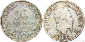 R8858 Italy 50 Centesimi Vittorio Emanuele II 1866 M BN Milano Silver -> M offer