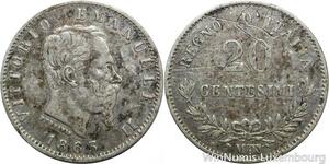 R8859 Italy 20 Centesimi Vittorio Emanuele II 1863 M BN Milan Silver -> M offer