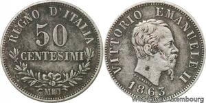 R8864 Italy 50 Centesimi Vittorio Emanuele II 1863 M BN Milano Silver -> M offer