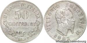 R8865 Italy 50 Centesimi Vittorio Emanuele II 1863 M BN Milano Silver -> M offer