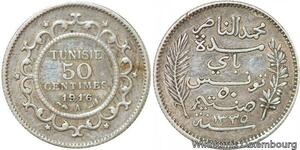R8871 Tunisia 50 Centimes Muhammad al-Nasir Bey AH 1335 1916 A Paris Silver