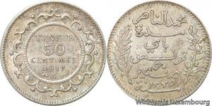 R8872 Tunisia 50 Centimes Muhammad al-Nasir Bey AH 1335 1917 A Paris Silver AU
