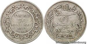 R8873 Tunisia 50 Centimes Muhammad al-Nasir Bey AH 1325 1907 A Paris Silver