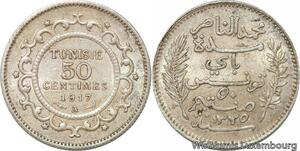 R8874 Tunisia 50 Centimes Muhammad al-Nasir Bey AH 1335 1917 A Paris Silver AU
