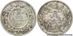 R8875 Tunisia 50 Centimes Muhammad al-Nasir Bey AH 1335 1916 A Paris Silver