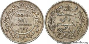R8876 Tunisia 50 Centimes Muhammad al-Nasir Bey AH 1335 1917 A Paris Silver