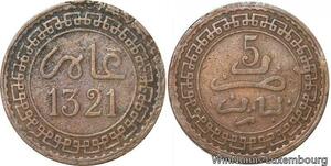 R8940 Rare Morocco 5 Mazounas Abd al-Aziz AH 1321 1903 Paris -> Make offer