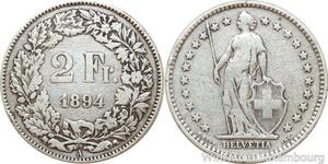 R8959 Switzerland 2 Francs Helvetia 1894 A Paris Silver -> Make offer