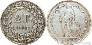 R8965 Switzerland 2 Francs Helvetia 1913 B Berne Silver -> Make offer
