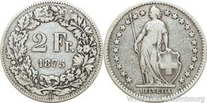 R8970 Switzerland 2 Francs Helvetia 1875 B Berne Silver -> Make offer