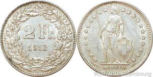 R8981 Switzerland 2 Francs Helvetia 1913 B Berne Silver AU -> Make offer