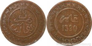 R9027 Rare Morocco 10 Mazounas Abd Al Aziz AH 1320 1903 Fes Large Letters >Offer
