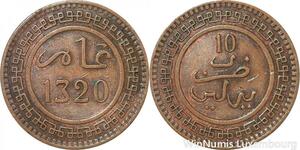 R9030 Rare Morocco 10 Mazounas Abd Al Aziz AH 1320 1903 Berlin -> Make offer