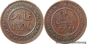 R9033 Rare Morocco 10 Mazounas Abd Al Aziz AH 1320 1903 Berlin -> Make offer