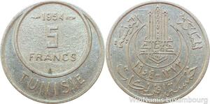 R9045 Tunisia 5 Francs Muhammad al-Amin Bey AH 1373 1954 Paris AU -> Make offer