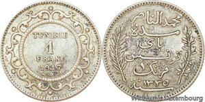 R9077 Tunisia 1 Franc Muhammad al-Nasir Bey AH 1335 1917 A Paris Silver ->Offer