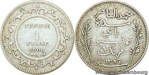 R9078 Tunisia 1 Franc Muhammad al-Nasir Bey AH 1326 1908 A Paris Silver ->Offer