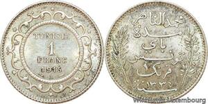 R9079 Tunisia 1 Franc Muhammad al-Nasir Bey AH 1334 1915 A Paris Silver AU
