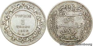 R9081 Tunisia 1 Franc Muhammad al-Nasir Bey AH 1335 1916 A Paris Silver ->Offer