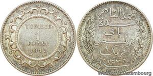 R9084 Tunisia 1 Franc Muhammad al-Nasir Bey AH 1335 1917 A Paris Silver ->Offer