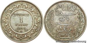 R9085 Tunisia 1 Franc Muhammad al-Nasir Bey AH 1334 1915 A Paris Silver ->Offer