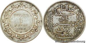 R9087 Tunisia 1 Franc Muhammad al-Nasir Bey AH 1335 1916 A Paris Silver ->Offer