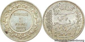 R9088 Tunisia 1 Franc Muhammad al-Nasir Bey AH 1335 1917 A Paris Silver ->Offer