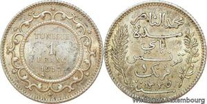 R9089 Tunisia 1 Franc Muhammad al-Nasir Bey AH 1335 1917 A Paris Silver AU