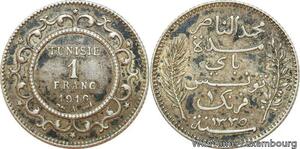 R9090 Tunisia 1 Franc Muhammad al-Nasir Bey AH 1335 1916 A Paris Silver ->Offer