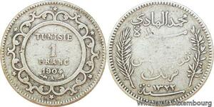 R9093 Tunisia 1 Franc Muhammad al-Hadi Bey AH 1322 1904 A Paris Silver ->M offer