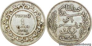 R9095 Tunisia 1 Franc Muhammad al-Nasir Bey AH 1334 1916 A Paris Silver ->Offer