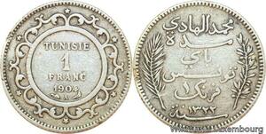R9096 Tunisia 1 Franc Muhammad al-Hadi Bey AH 1322 1904 A Paris Silver ->M offer