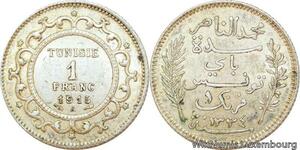 R9097 Tunisia 1 Franc Muhammad al-Nasir Bey AH 1334 1915 A Paris Silver AU