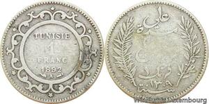 R9098 Tunisia 1 Franc Ali Bey AH 1309 1892 A Paris Silver -> Make offer