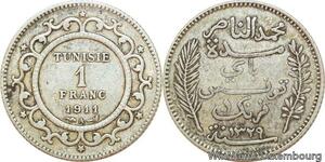 R9099 Tunisia 1 Franc Muhammad al-Nasir Bey AH 1329 1911 A Paris Silver ->Offer