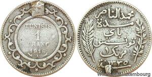 R9100 Tunisia 1 Franc Muhammad al-Nasir Bey AH 1335 1916 A Paris Silver ->Offer