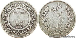 R9102 Tunisia 1 Franc Ali Bey AH 1309 1892 A Paris Silver -> Make offer